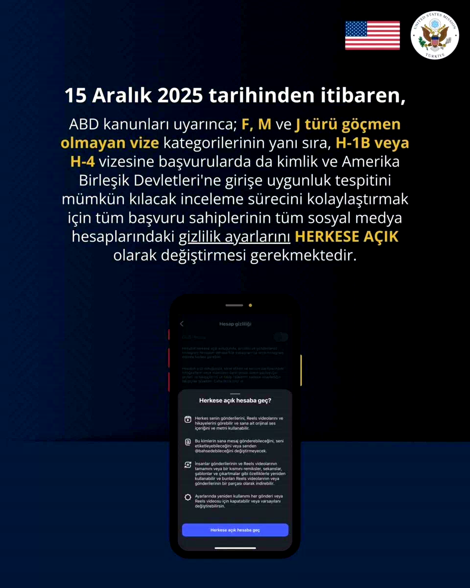 ABD Büyükelçiliği: “Vize başvurusu yapacak kişilerin sosyal medya hesaplarını herkese açık hale getirmesi gerekiyor”