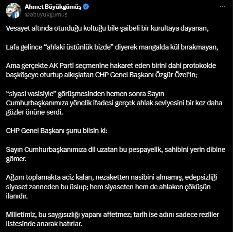 AK Parti Genel Başkan Yardımcısı Büyükgümüş: “Özgür Özel’in Cumhurbaşkanımıza yönelik ifadesi gerçek ahlak seviyesini bir kez daha gözler önüne serdi”