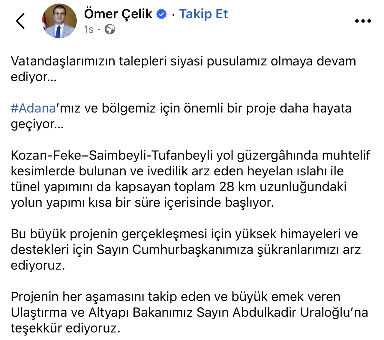 AK Parti Sözcüsü Çelik’ten Adana’ya yeni yol müjdesi