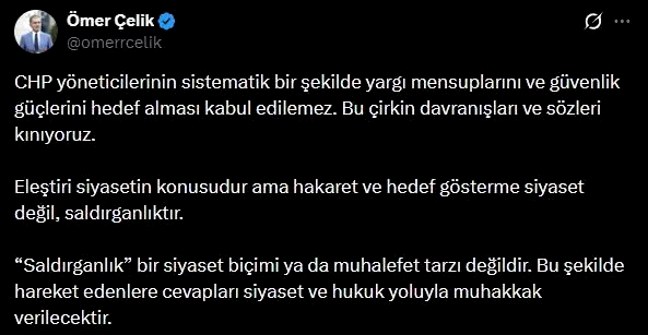 AK Parti Sözcüsü Çelik’ten CHP’ye tepki: “Hakaret ve hedef gösterme siyaset değil, saldırganlıktır”