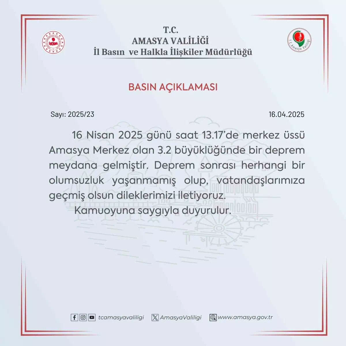 Amasya Valiliği’nden 3.2 depremle ilgili açıklama: “Bir olumsuzluk yok”