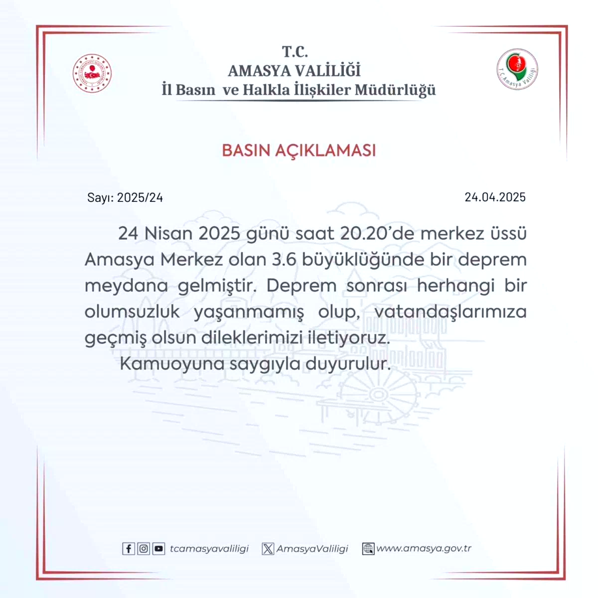 Amasya Valiliğinden deprem sonrası açıklama: “Depremde bir olumsuzluk yaşanmamıştır”