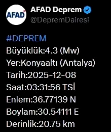 Antalya’da 4.3 büyüklüğünde deprem