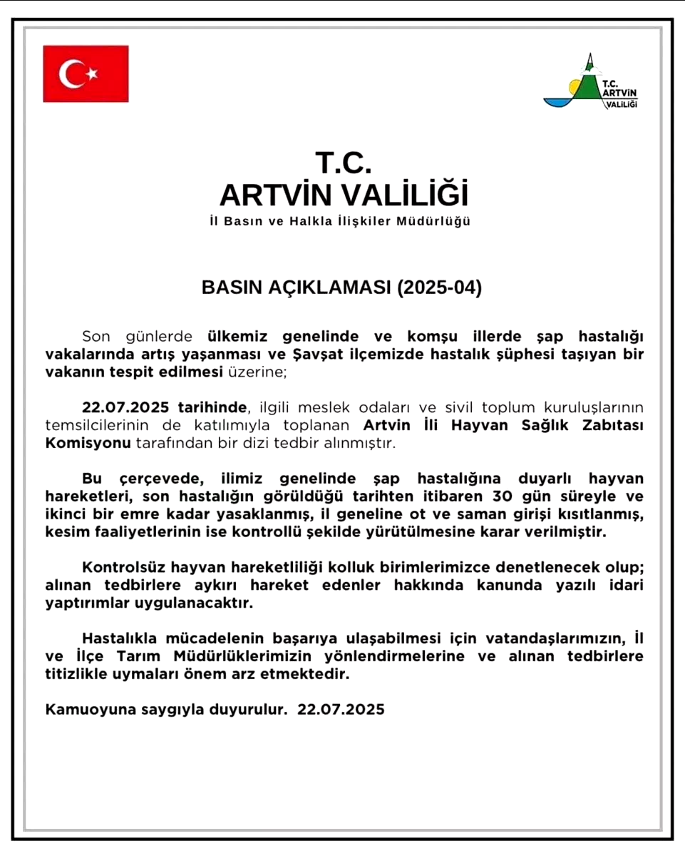 Artvin’de şap hastalığına karşı hayvan hareketleri 30 gün yasaklandı