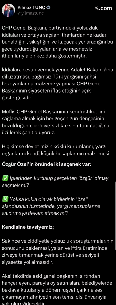 Bakan Tunç: “Özgür Özel’in önünde iki seçenek var”