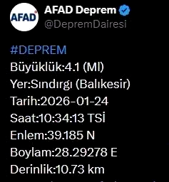Balıkesir’de 4.1 büyüklüğünde deprem