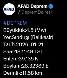 Balıkesir’de 4.5 büyüklüğünde deprem