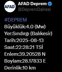 Balıkesir’de 4 büyüklüğünde deprem