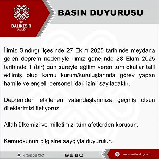 Balıkesir’de okullar deprem nedeniyle 1 gün tatil edildi