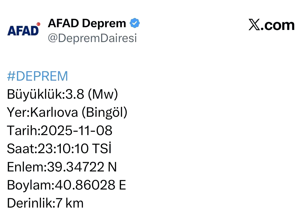Bingöl’de 3.8 büyüklüğünde deprem