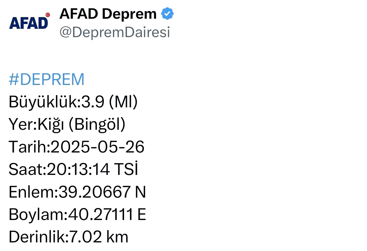 Bingöl’de 3.9 büyüklüğünde deprem