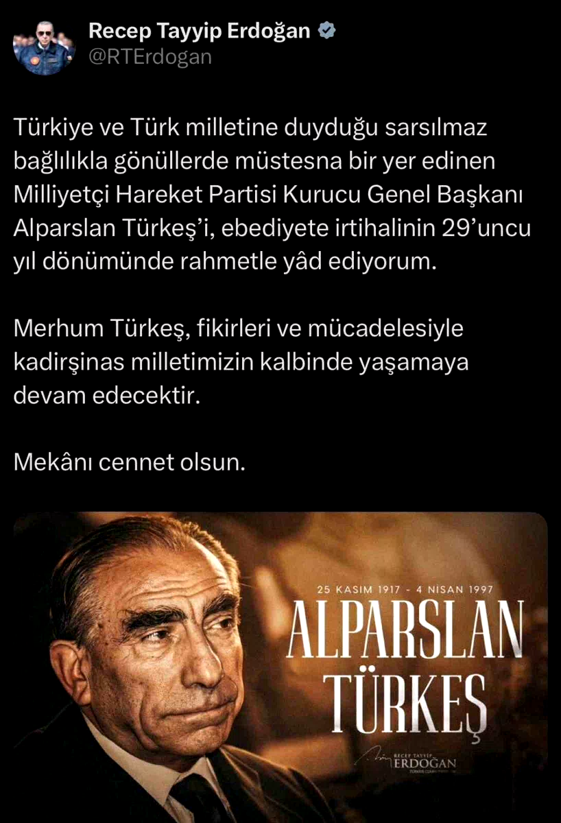 Cumhurbaşkanı Erdoğan, Alparslan Türkeş’i vefatının 29’uncu yıl dönümünde andı