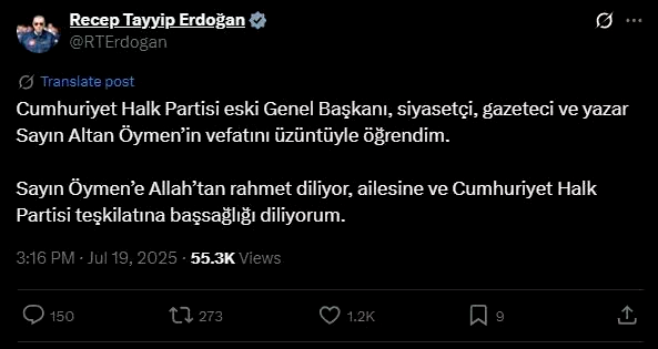 Cumhurbaşkanı Erdoğan’dan Altan Öymen için taziye mesajı