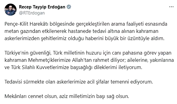 Cumhurbaşkanı Erdoğan’dan Pençe-Kilit bölgesindeki şehitler için taziye mesajı