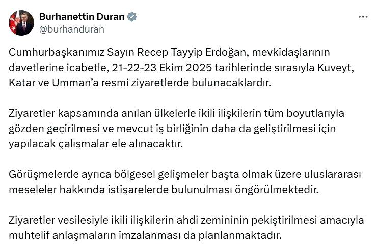 Cumhurbaşkanı Erdoğan, Kuveyt, Katar ve Umman’ı ziyaret edecek