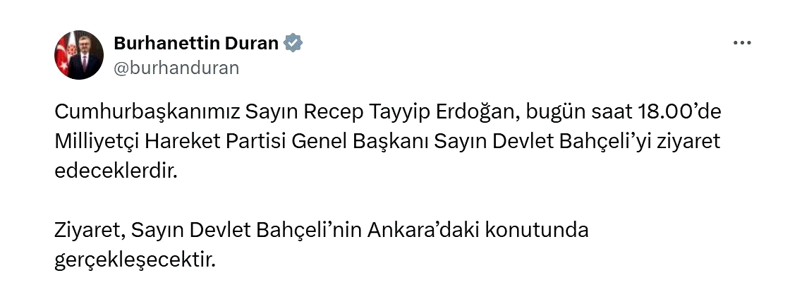 Cumhurbaşkanı Erdoğan, MHP Lideri Bahçeli’yi ziyaret edecek