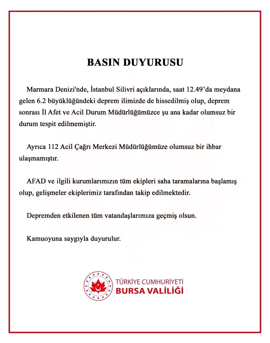 Depremle ilgili Bursa Valiliği’nden açıklama