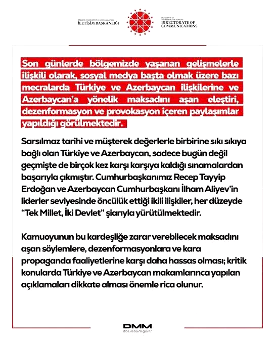 DMM’den Türkiye ve Azerbaycan ilişkilerine yönelik dezenformasyon içeren paylaşımlar hakkında açıklama