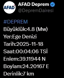 Ege Denizi’nde 4.8 büyüklüğünde deprem