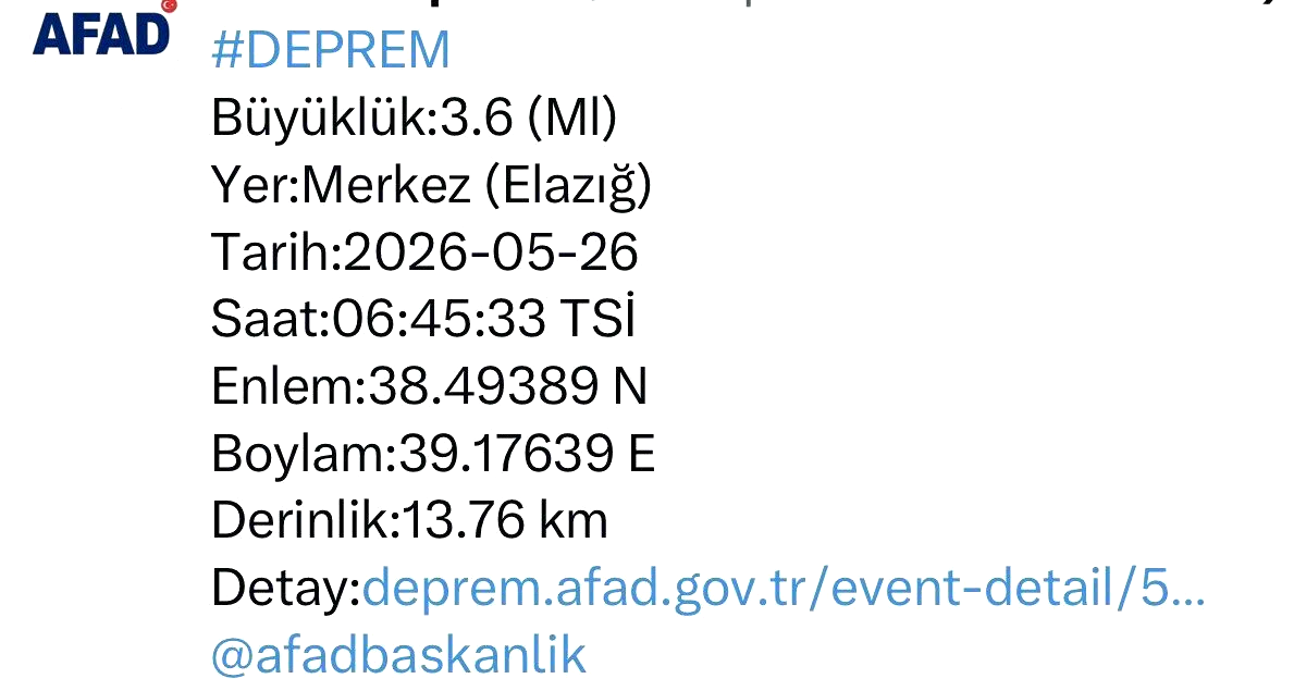 Elazığ’da 3.6 büyüklüğünde deprem