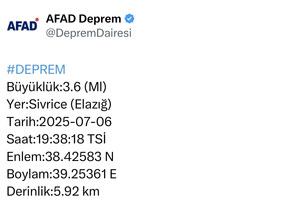 Elazığ’da 3.6 büyüklüğünde deprem