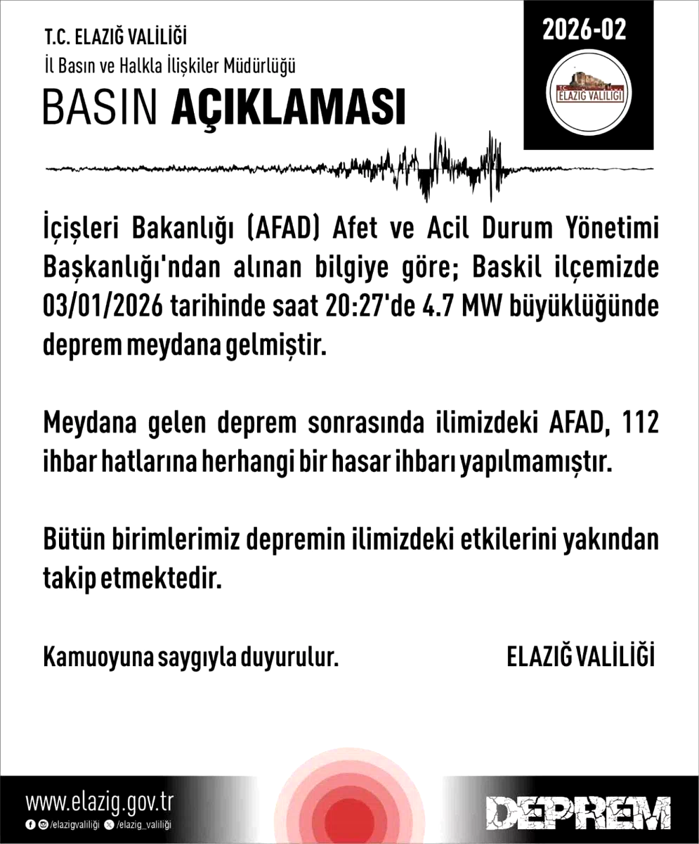 Elazığ Valiliği: “Herhangi bir hasar ihbarı yapılmamıştır”
