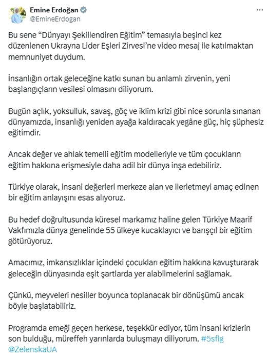 Emine Erdoğan, 5. Lider Eşleri Zirvesi’ne video mesaj gönderdi