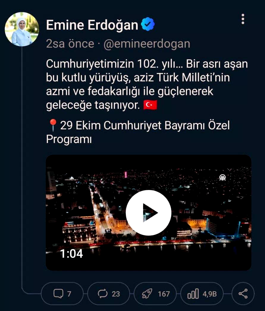 Emine Erdoğan: “Cumhuriyetimizin 102. yılı, bir asrı aşan bu kutlu yürüyüş, aziz Türk milletinin azmi ve fedakarlığı ile güçlenerek geleceğe taşınıyor”