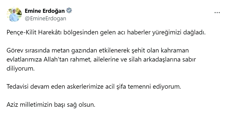 Emine Erdoğan’dan metan gazına maruz kalarak şehit olan 12 asker için başsağlığı mesajı: