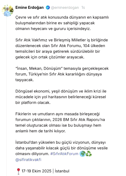 Emine Erdoğan’dan “Sıfır Atık Forumu” paylaşımı: