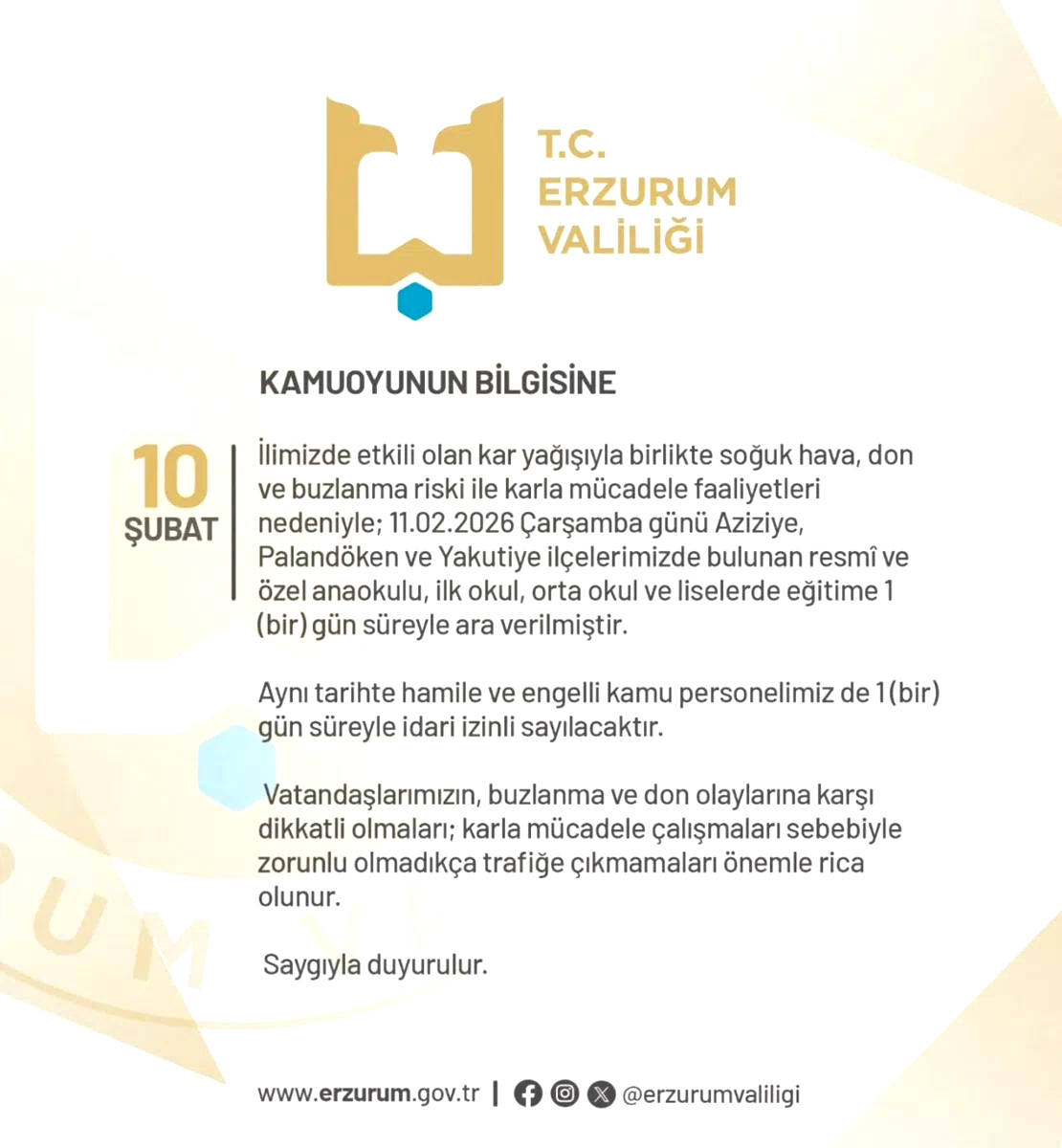 Erzurum’da eğitime bir gün ara verildi