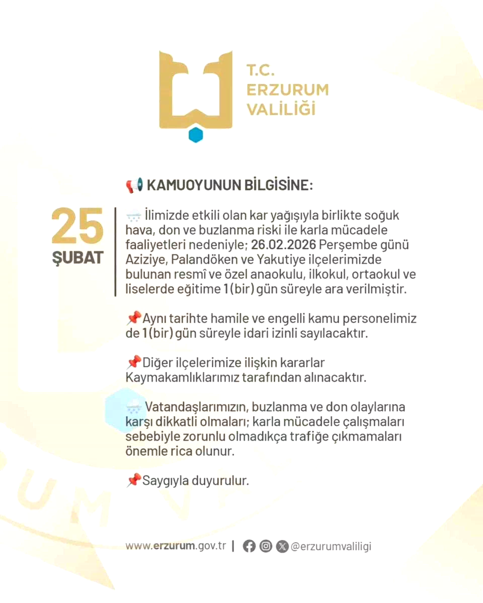 Erzurum’da okullara bir gün kar tatili