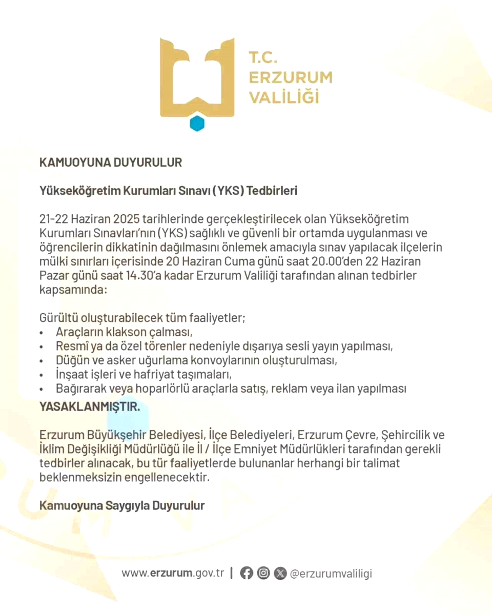 Erzurum Valiliği’nden YKS önlemleri