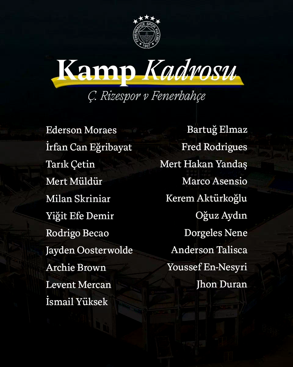 Fenerbahçe’nin Çaykur Rizespor maçı kamp kadrosu belli oldu
