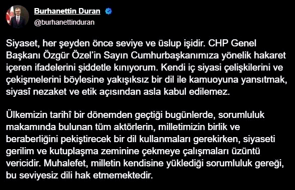 İletişim Başkanı Duran: “CHP Genel Başkanı Özel’in, Cumhurbaşkanımıza yönelik hakaret içeren ifadelerini şiddetle kınıyorum”