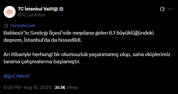 İstanbul Valiliğinden deprem açıklaması