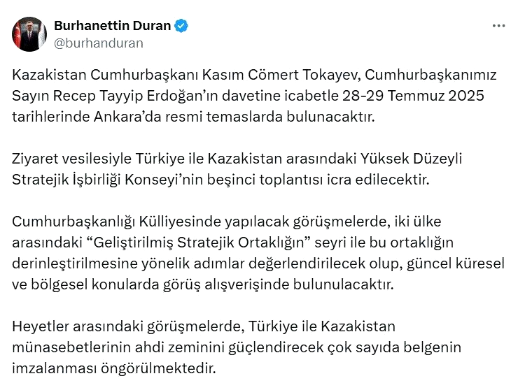 Kazakistan Cumhurbaşkanı Tokayev, Türkiye’ye geliyor