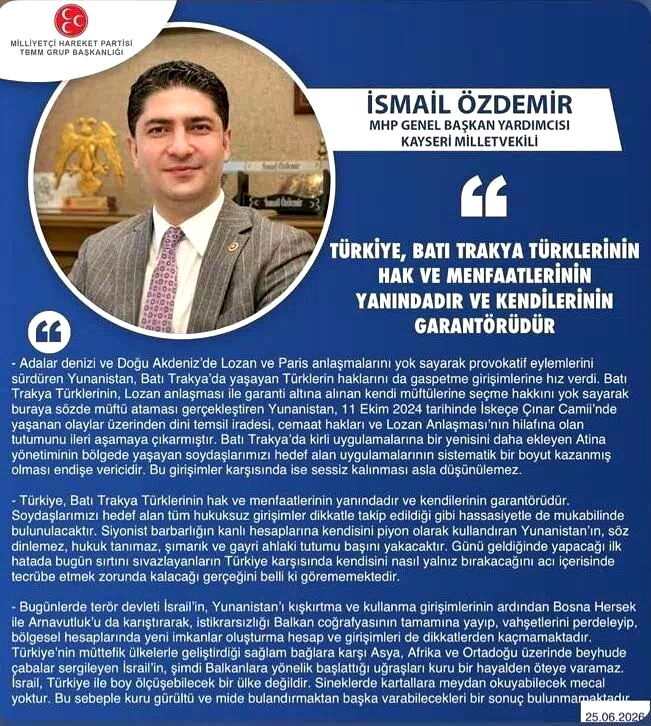 MHP’li Özdemir: “Türkiye, Batı Trakya Türklerinin hak ve menfaatlerinin yanındadır ve garantörüdür”