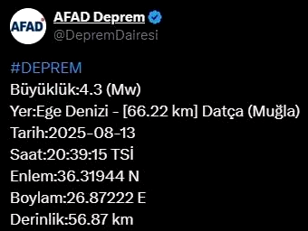 Muğla’da 4.3 büyüklüğünde deprem