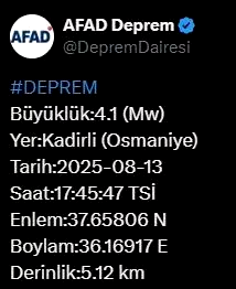 Osmaniye’de 4.1 büyüklüğünde deprem