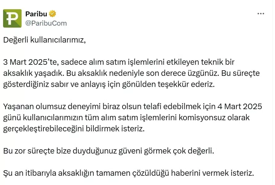 Paribu, 10 Saatlik Teknik Aksaklık Sonrası Komisyonsuz İşlem Sağlıyor.