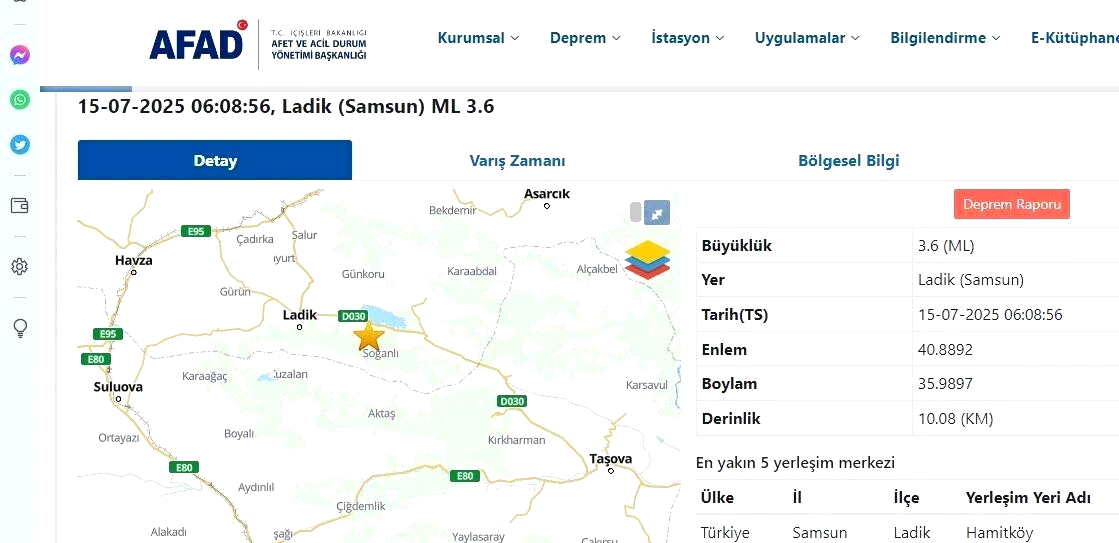 Samsun Ladik’te 3.6 büyüklüğünde deprem