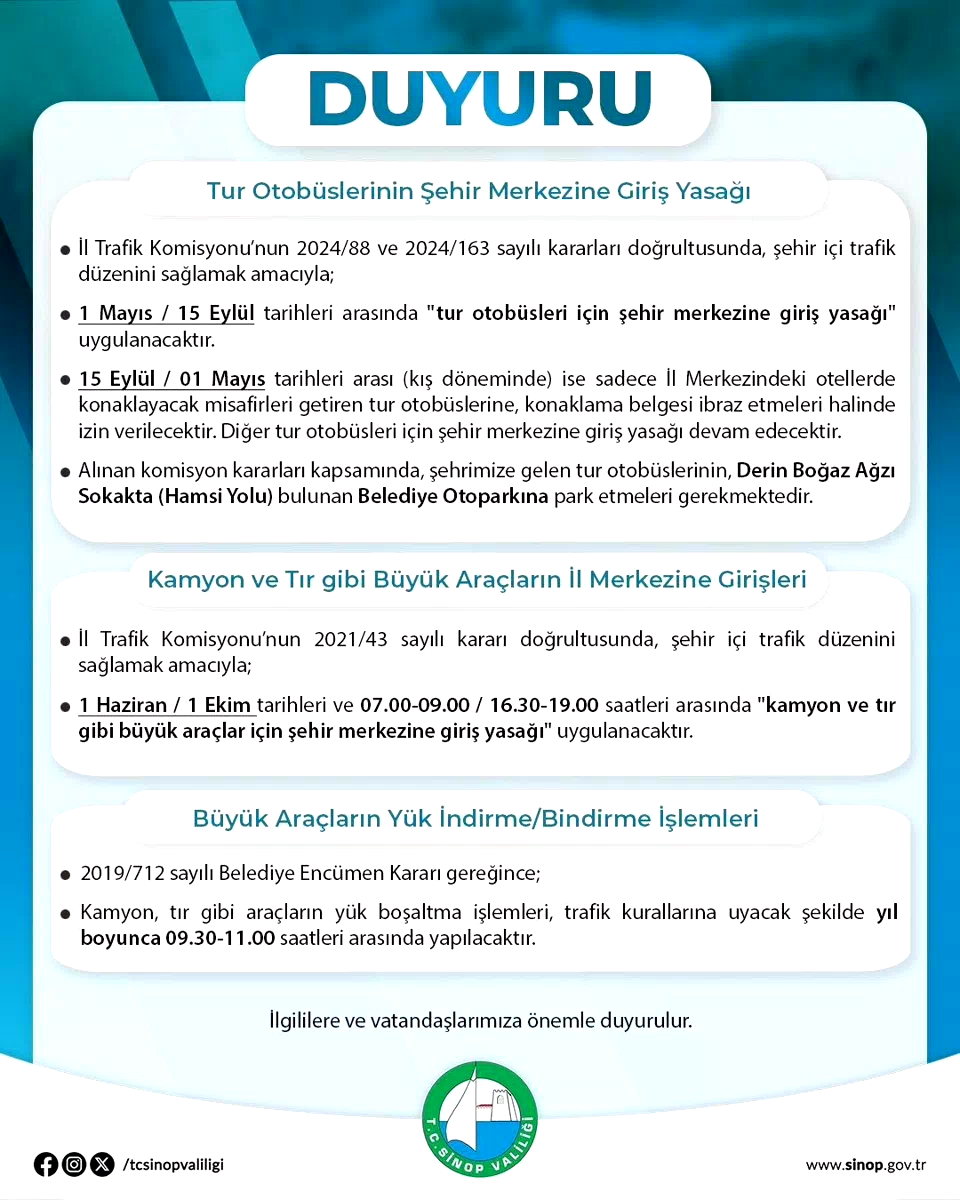 Sinop’ta tur otobüslerinin şehir merkezine girişine yasak