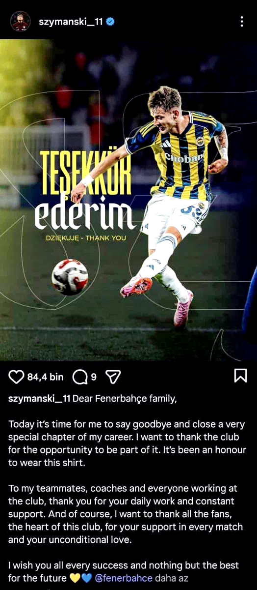 Szymanski, Fenerbahçe’ye veda etti