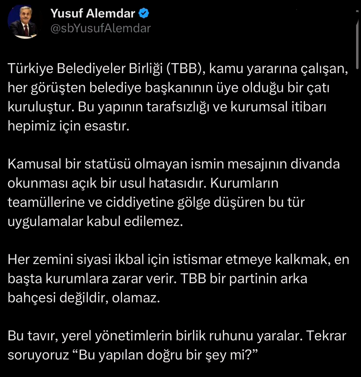 TBB’de kriz oluşturan ‘mektup’ gerginliği sonrasında Alemdar’dan sert eleştiri