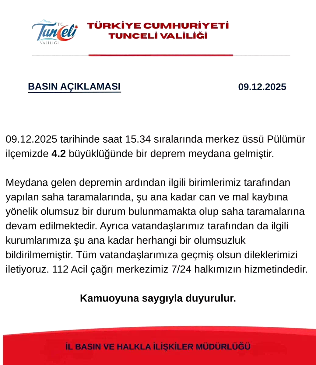 Tunceli Valiliği’den deprem açıklaması: “Şuana kadar herhangi bir olumsuzluk bildirilmemiştir”