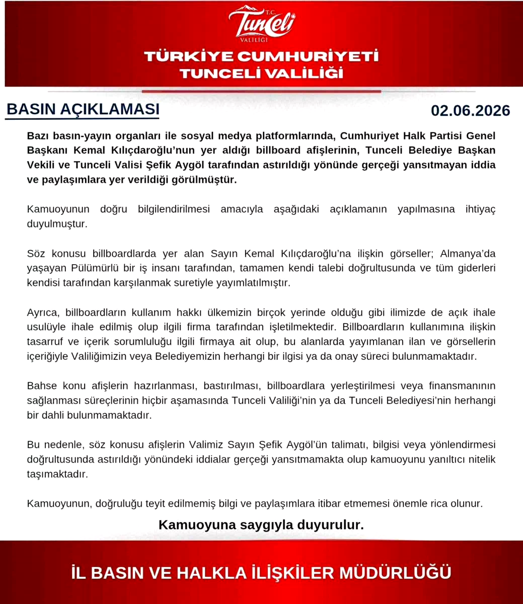 Tunceli Valiliğinden afiş açıklaması