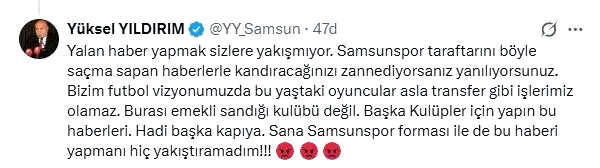 Yüksel Yıldırım’dan Enner Valencia söylentisine tepki: “Samsunspor, emekli sandığı kulübü değil”