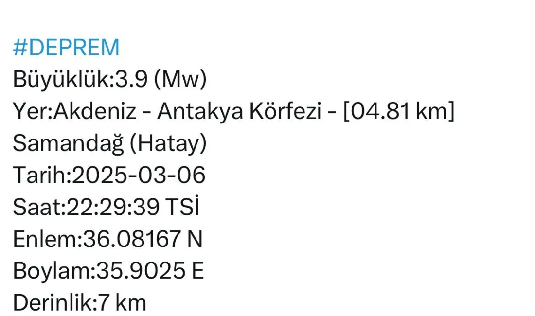 Hatay'da meydana gelen 3.9 büyüklüğündeki deprem Afet ve Acil Durum