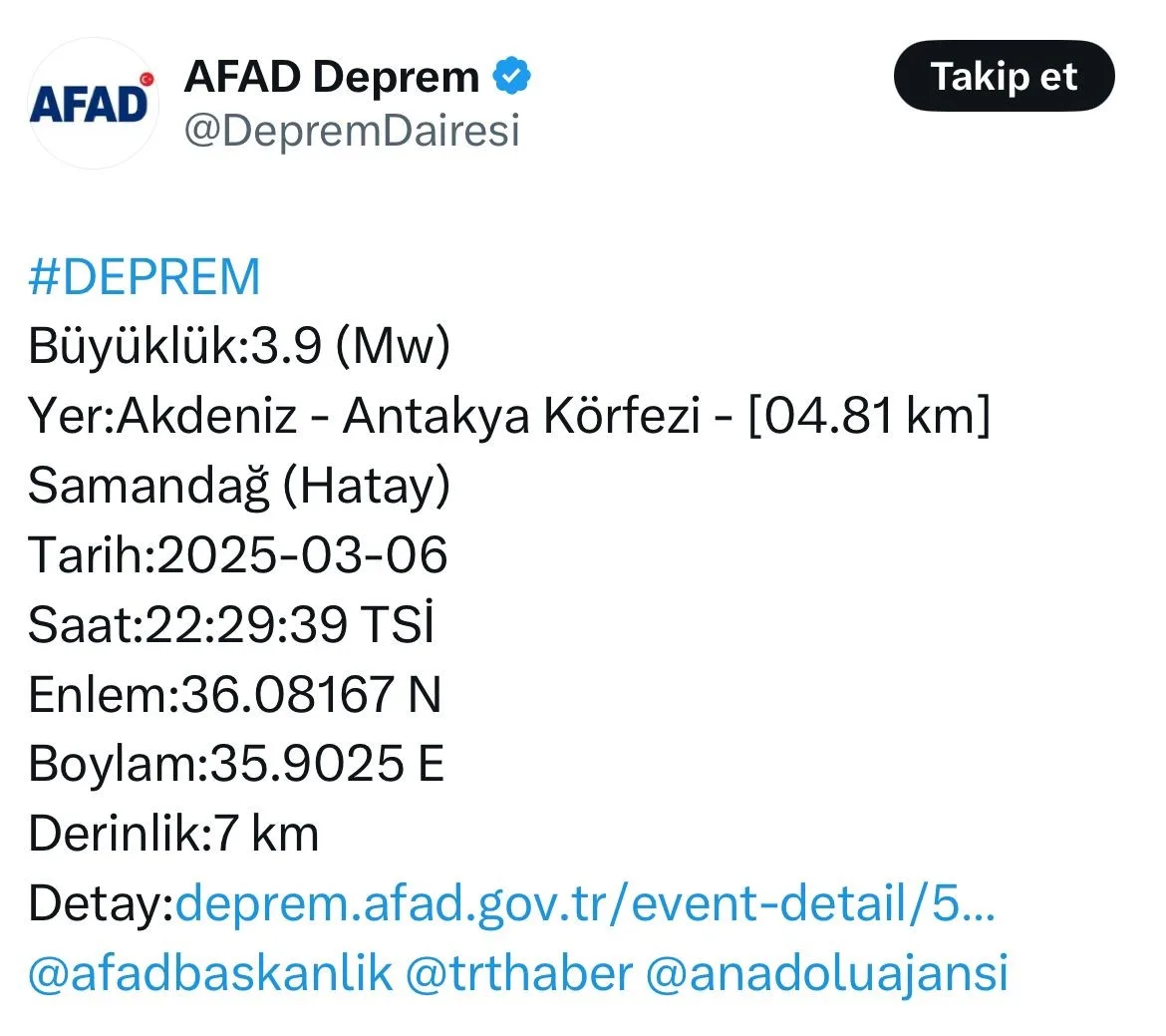 Hatay'da meydana gelen 3.9 büyüklüğündeki deprem Afet ve Acil Durum